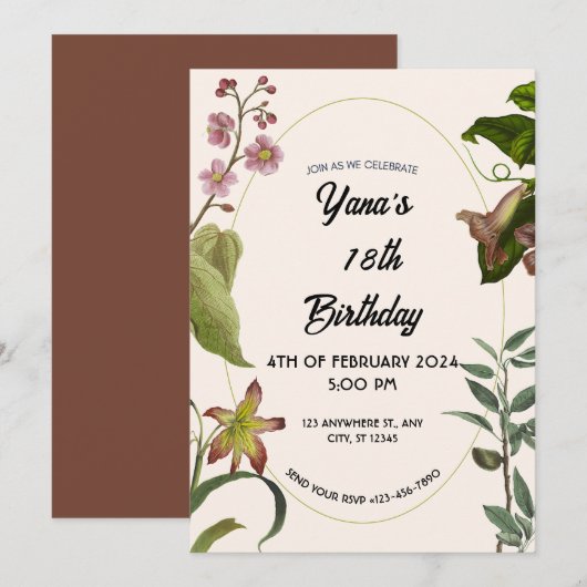 Creme und grüne Blüte 18. Geburtstag Einladung (Vorne/Hinten)