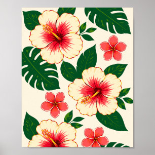 Creme- und korallenrosa Blüten mit grünen Blättern Poster