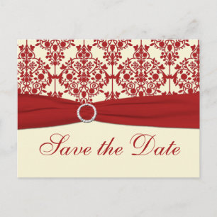 Creme und Red Damask Save the Date Postkarte