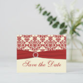 Creme und Red Damask Save the Date Postkarte (Stehend Vorderseite)