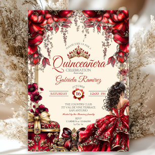 Creme und rote goldene Tiara Floral Quinceañera Einladung