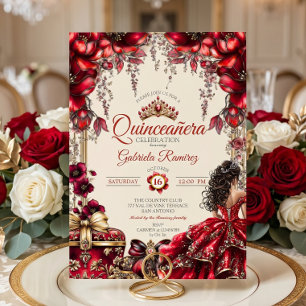 Creme und rote goldene Tiara Floral Quinceañera Einladung