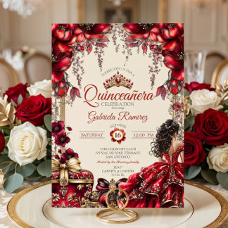 Creme und rote goldene Tiara Floral Quinceañera Einladung