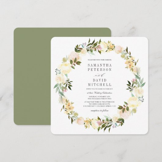 Creme und Sage | Botanische Garland-Hochzeit Einladung (Vorne/Hinten)