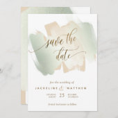 Creme und Sage Brush Strokes, Minimal Wedding Gere Save The Date (Vorne/Hinten)
