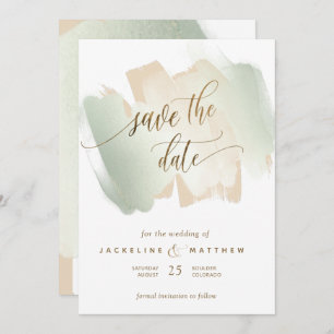 Creme und Sage Brush Strokes, Minimal Wedding Gere Save The Date