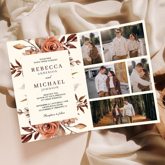 Creme und Terrakotta Blumen QR-Code Hochzeit Einladung