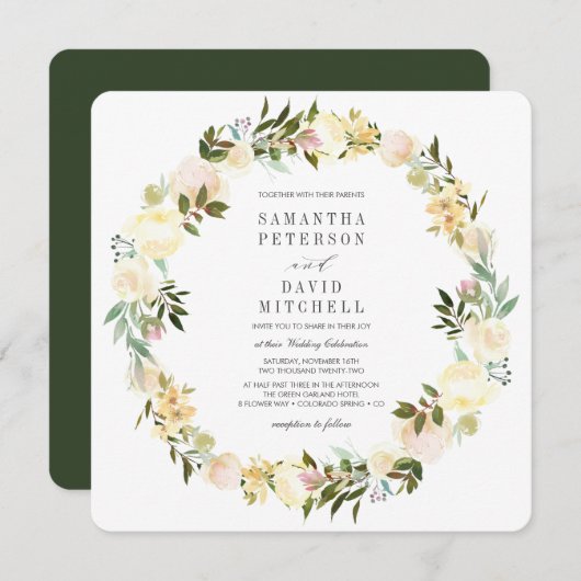 Creme und Waldgrün | Garland Floral Wedding Einladung (Vorne/Hinten)