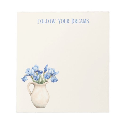 Creme-Vase Lila Iris-Blumen Notizblock (Vorderseite)