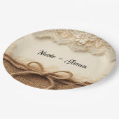 Creme Vintage Blütenlace Burlap Rustic Wedding Pappteller (Schrägansicht)