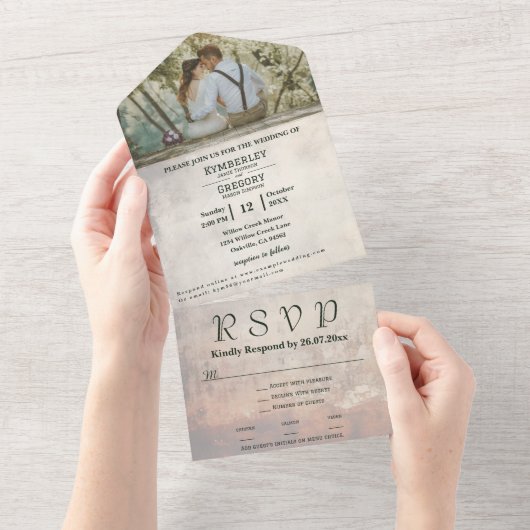 Creme Weathered Whitewash Textur Paar Foto All In One Einladung (Abreißen)