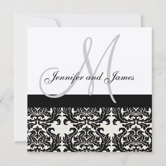 Creme Weditation Monogram Black Damask Einladung (Vorderseite)