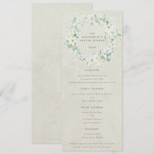 Creme White Floral Oaster Kranz Flat 4 Course Menükarte