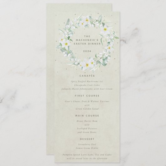 Creme White Floral Oaster Kranz Flat 4 Course Menükarte (Vorne/Hinten)