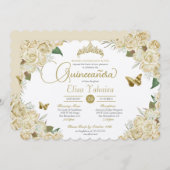 Creme White Gold Rose Blütenschmetterling Quincean Einladung (Vorne/Hinten)