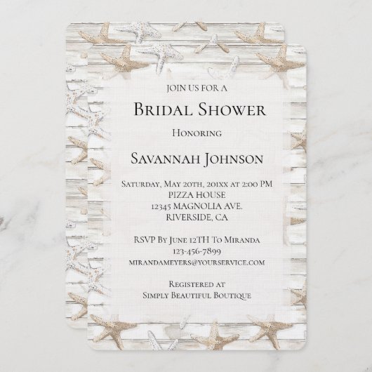 Creme White Ocean Starfish Beach Brautparty Einladung (Vorne/Hinten)