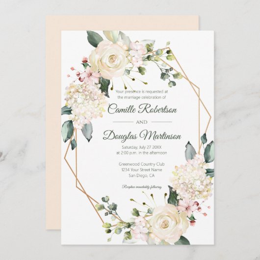 Creme White Pink Floral Geometric Wedding | Einladung (Vorne/Hinten)
