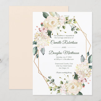 Creme White Pink Floral Geometric Wedding | Einladung
