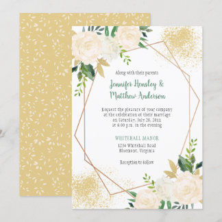 Creme White Roses Geometric Gold Geometric Einladung
