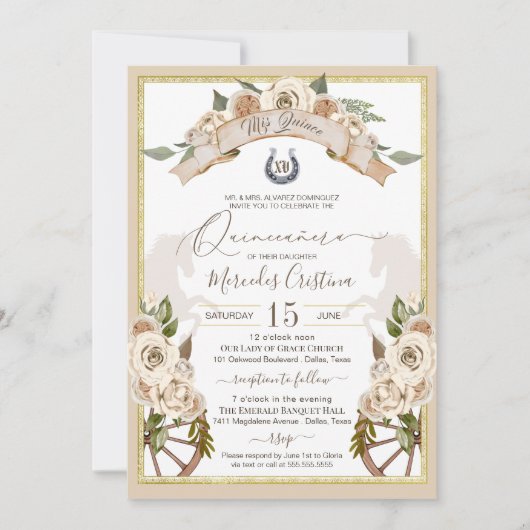 Creme White Roses Western Charro Quinceanera Einladung (Vorderseite)