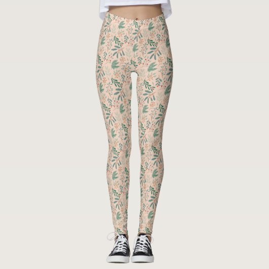 Creme Winter Botanical Pattern Leggings (Vorderseite)