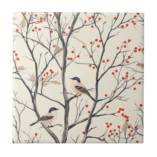 Creme-Winter-Singvogel-Rotbeer-Muster Fliese (Vorderseite)