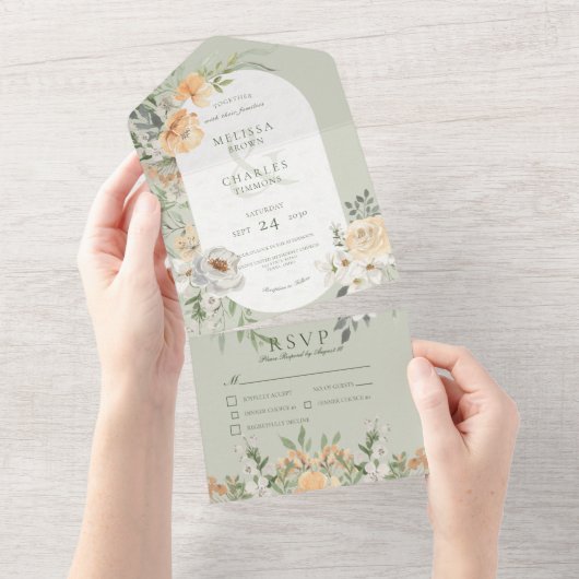 Creme & Yellow Boho Blumenkohl Grünes Abendessen All In One Einladung (Abreißen)