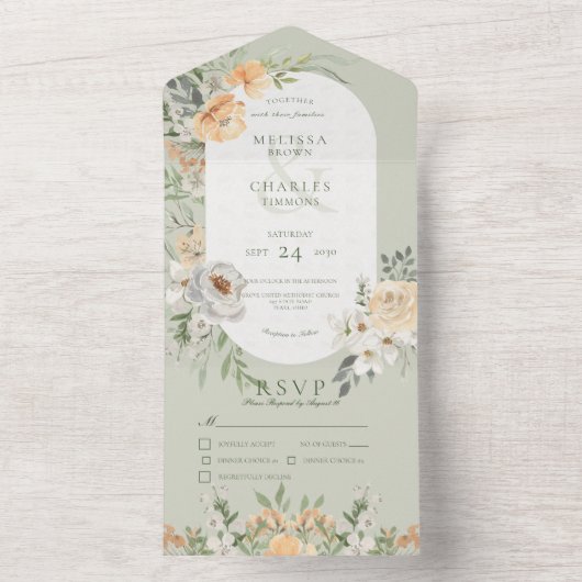 Creme & Yellow Boho Blumenkohl Grünes Abendessen All In One Einladung (Innen Boden)