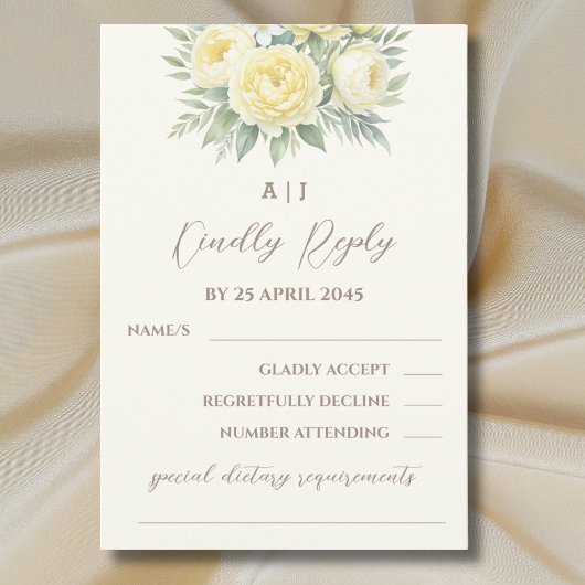 Creme Yellow Peony Rose Floral Wedding RSVP Card Karte