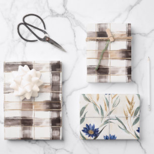 Cremebraun kariert gestreift blau floraler Geburts Geschenkpapier Set
