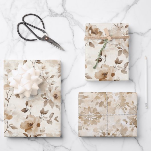 Cremebraune Blumen Geburtstag Geschenkpapier Set (Vorderseite)