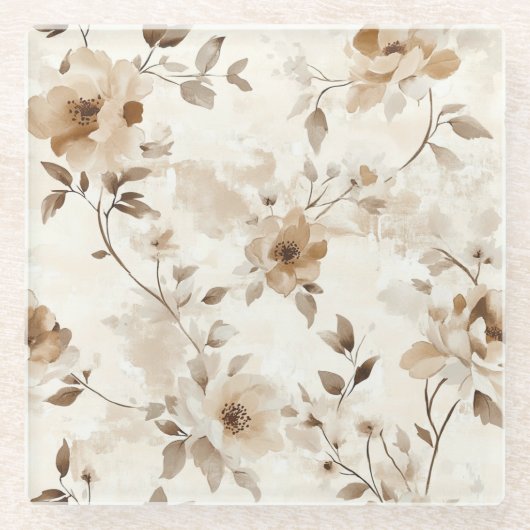 Cremebraune Blumen Glasuntersetzer (Vorderseite)