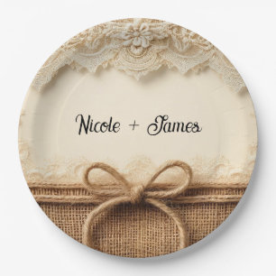 Cremefarbene Antike Spitze Jute Rustikale Hochzeit Pappteller