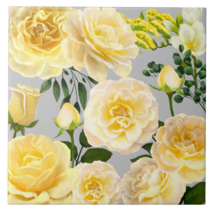 Cremefarbene gelbe Rosen, vintage Blumenmuster auf Fliese