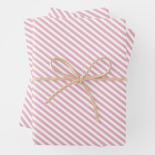 Cremefarbene, rosa und weiße, diagonale Streifen M Geschenkpapier Set (Beispiel)