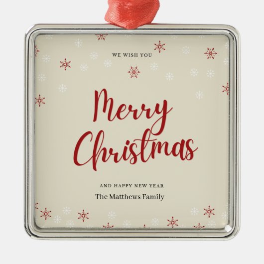 Cremefarbene Schneeflocken und Keramik Foto Ornament Aus Metall (Vorne)