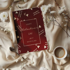 Cremefarbene Schrift-Herzen auf Burgunderrot - Val Feiertagskarte