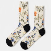 Cremefarbene Socken mit kompliziertem Blau und Ora (Linkes Detail)