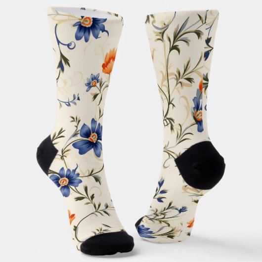 Cremefarbene Socken mit kompliziertem Blau und Ora (Gewinkelt)