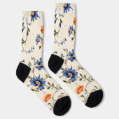 Cremefarbene Socken mit kompliziertem Blau und Ora (Rechts)