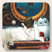 Cremefarbene viktorianische Steampunk-Katzen-Teepa Getränkeuntersetzer (Vorderseite)