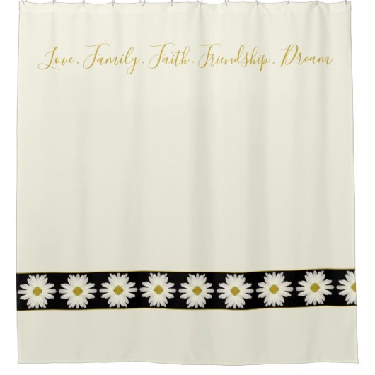 Cremefarbene weiße Daisy mit schwarzem Hintergrund Duschvorhang (Vorderseite)