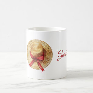 Cremefarbener Hut mit roter Schleife Name Kaffeetasse