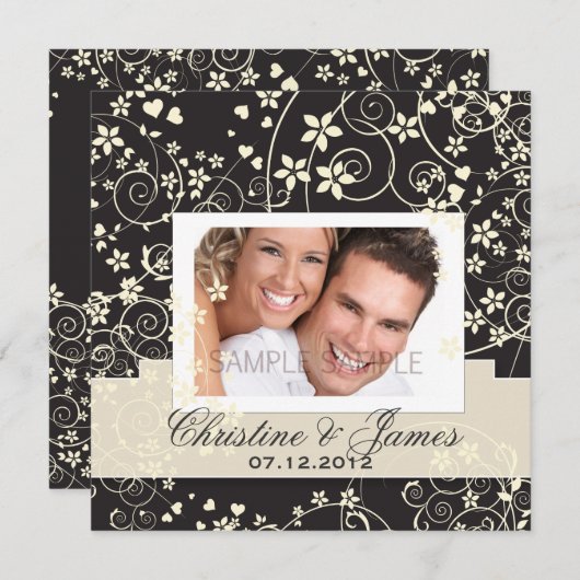 Cremeflorale auf Schwarz mit Ihrem Foto Einladung (Vorne/Hinten)