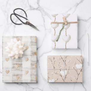 Cremeweiß Beige Boho Herzen Brautparty Geschenkpapier Set
