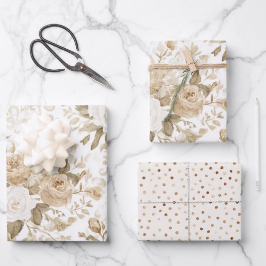 Cremeweiß Boho Blumen Hochzeitsdusche Geschenkpapier Set (Vorderseite)