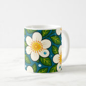 Cremeweiße Blumenmuster mit grünen Blättern Kaffeetasse (VorderseiteRechts)