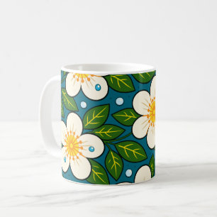 Cremeweiße Blumenmuster mit grünen Blättern Kaffeetasse