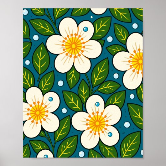 Cremeweiße Blumenmuster mit grünen Blättern Poster (Vorne)