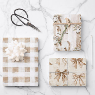 Cremeweiße Karierte Streifen Florale Pferd Geburts Geschenkpapier Set